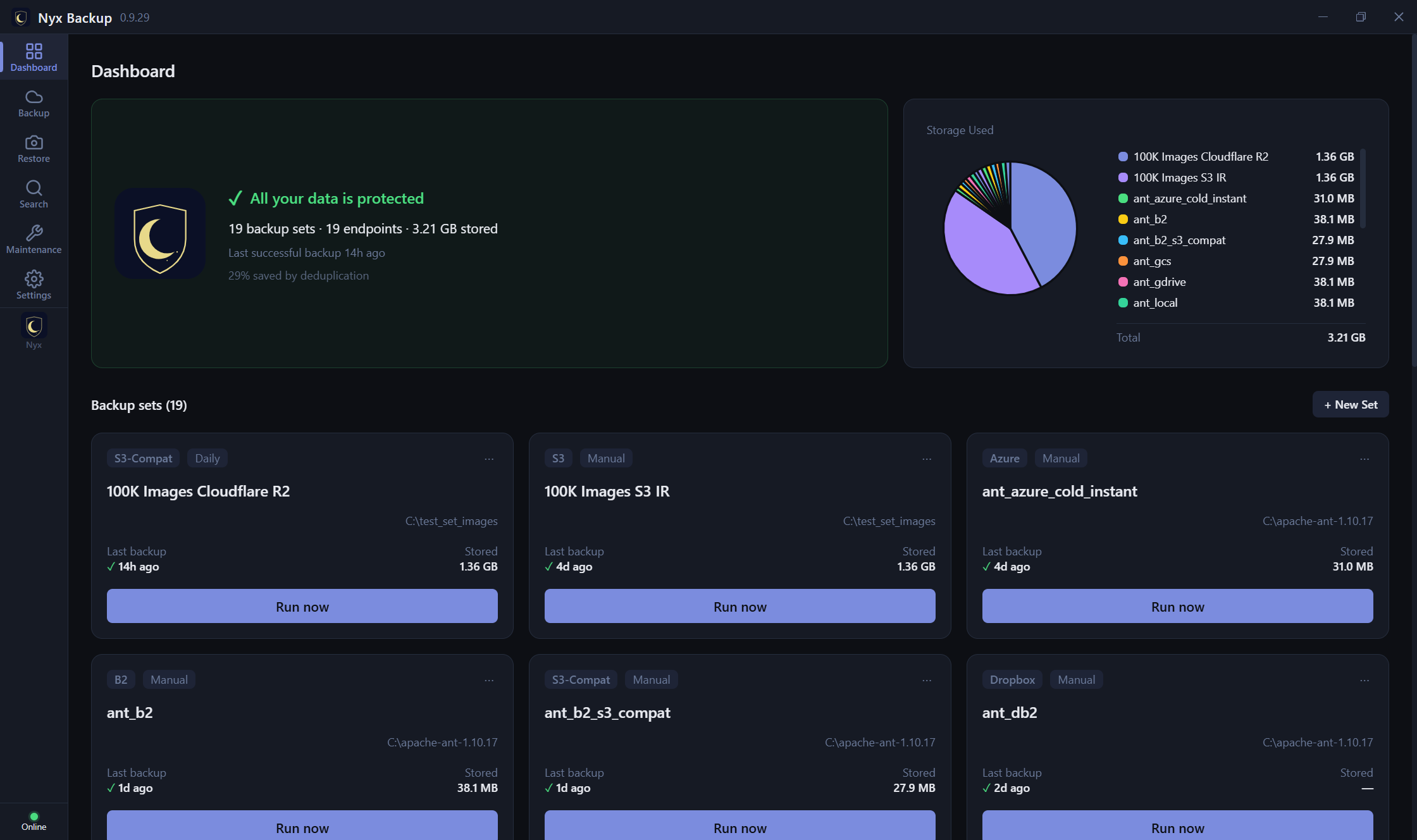 Nyx Backup dashboard showing backup sets and status
